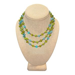 Vintage Triple Strand Glass Bead Necklace Blue Green Layered Retro Jewelry J18